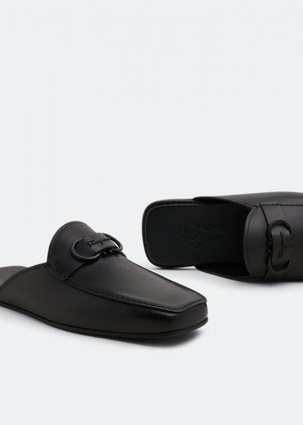 Black Leather Gancini Slippers