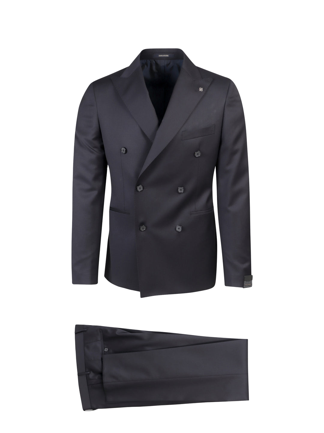 Virgin wool suit with peak lapel and removable iconic brooch