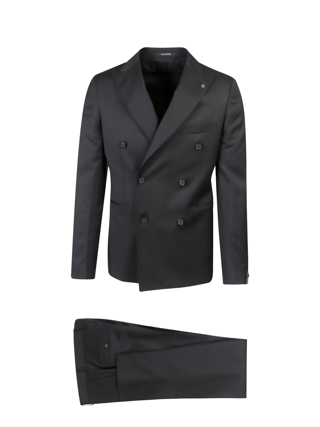 Virgin wool suit with peak lapel and removable iconic brooch