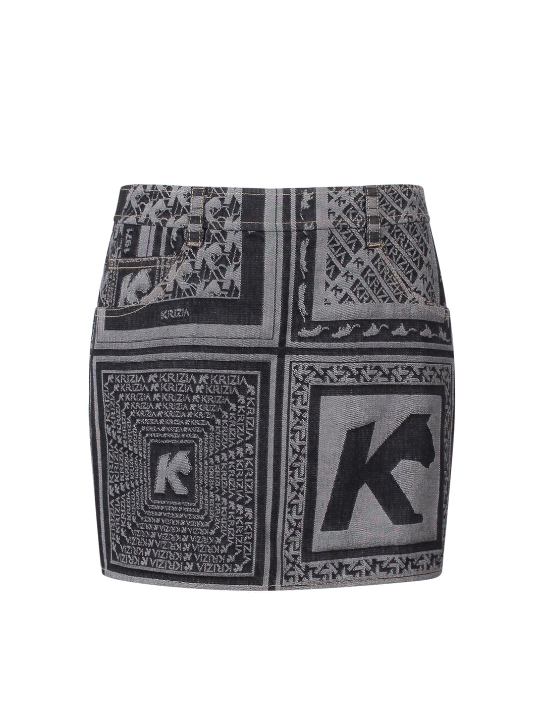 Printed black denim skirt