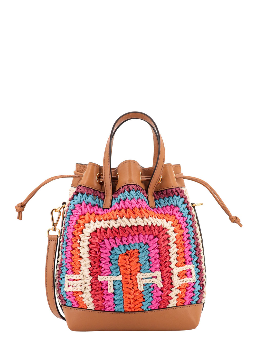 Multicolor rafia and leather shoulder bag wirh frontal logo