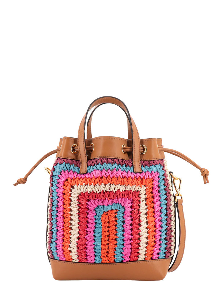 Multicolor rafia and leather shoulder bag wirh frontal logo