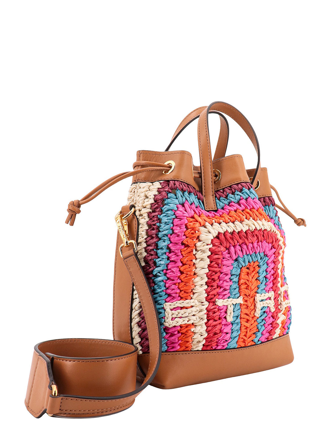 Multicolor rafia and leather shoulder bag wirh frontal logo