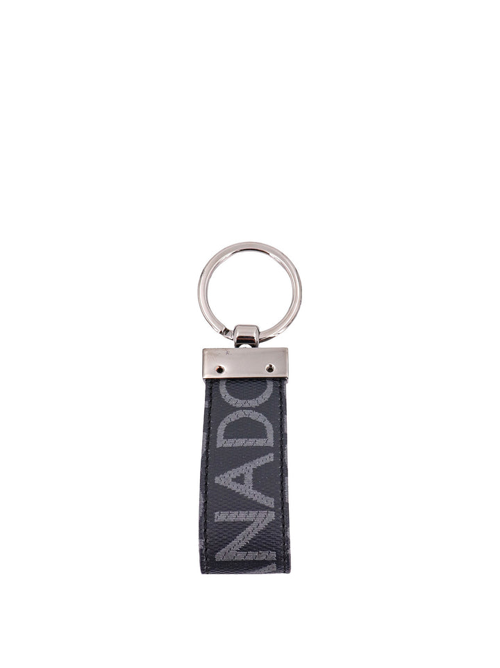 Coated canvas keychain with all-over lettering logo