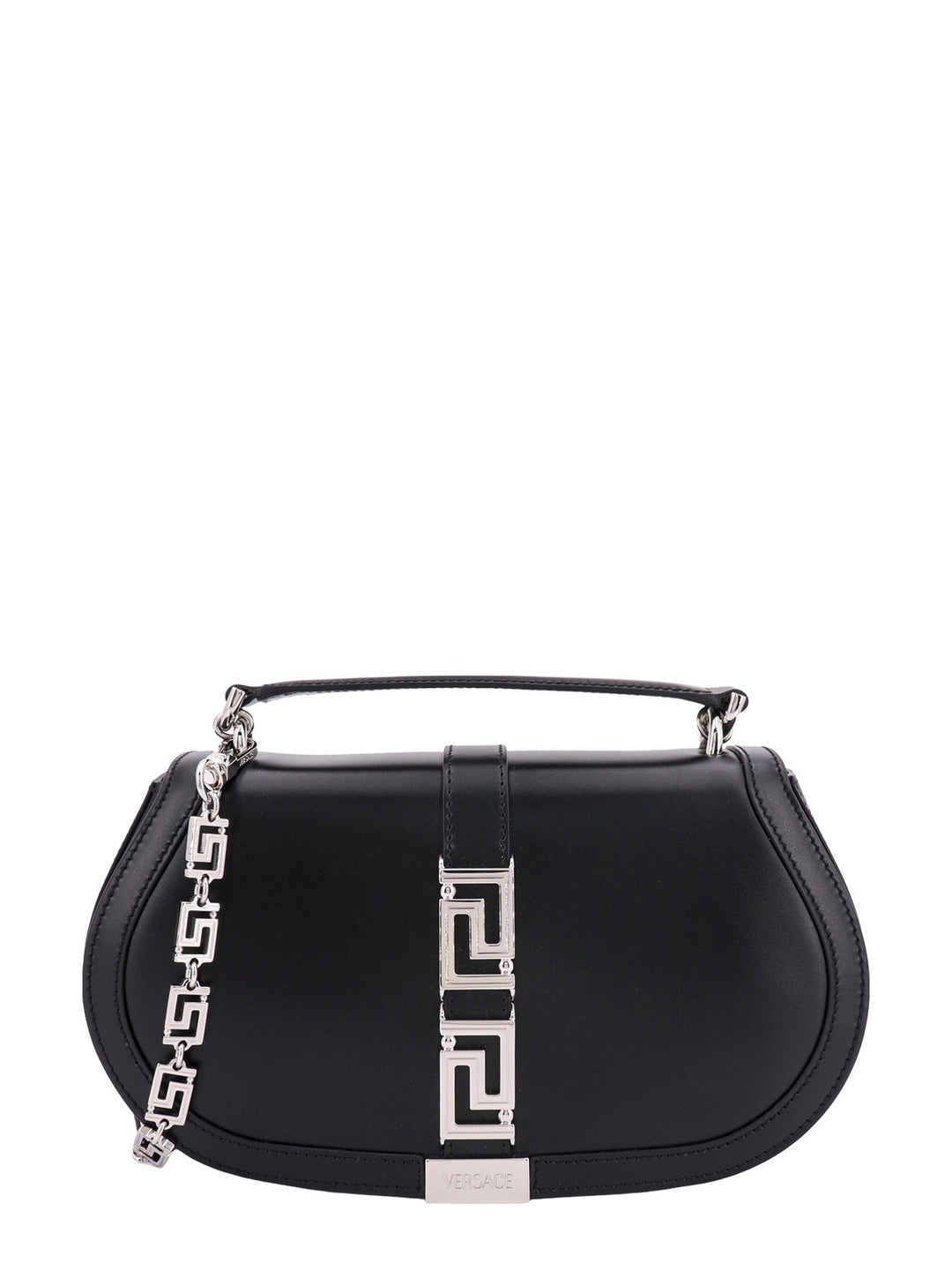 Leather handbag with frontal metal La Greca detail