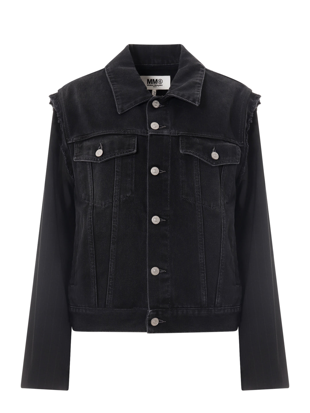 Black denim jacket with fabric sleeves