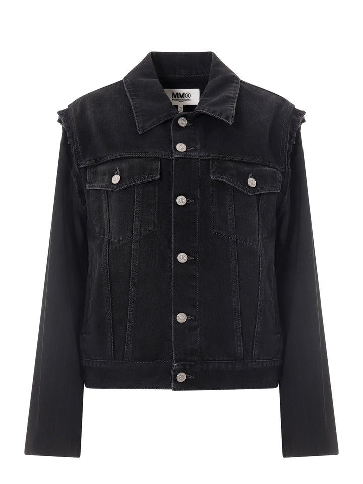 Black denim jacket with fabric sleeves