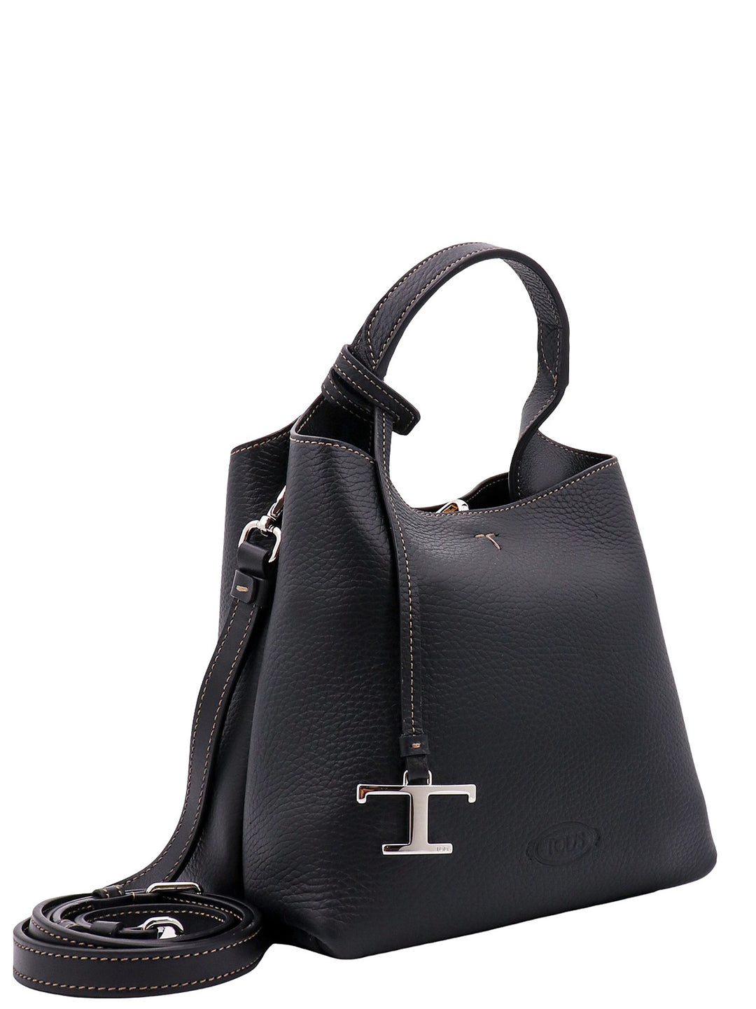 Leather handbag with removable T-Timeless hang-tag