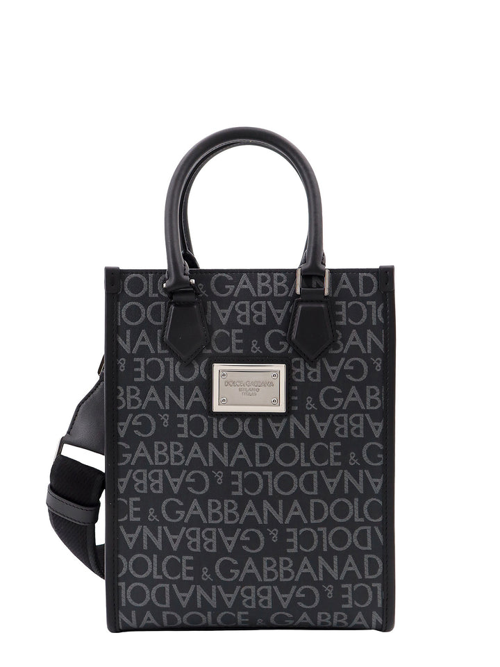 Coated canvas and leather handbag with all-over logo