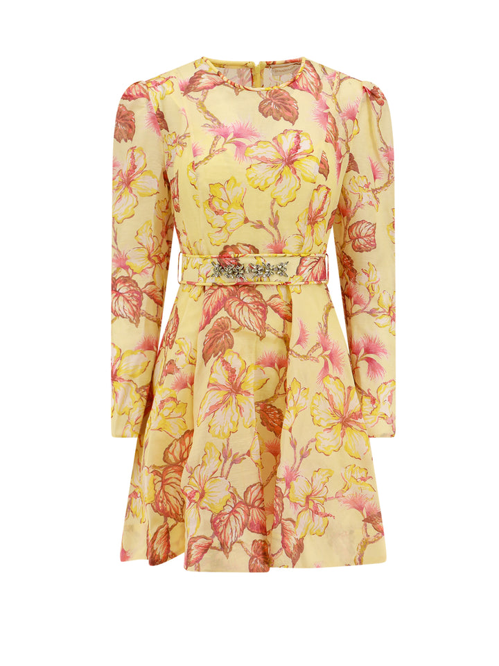 Linen and silk dress with floral motif