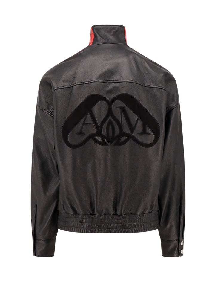 Leather jacket with contrasting bands