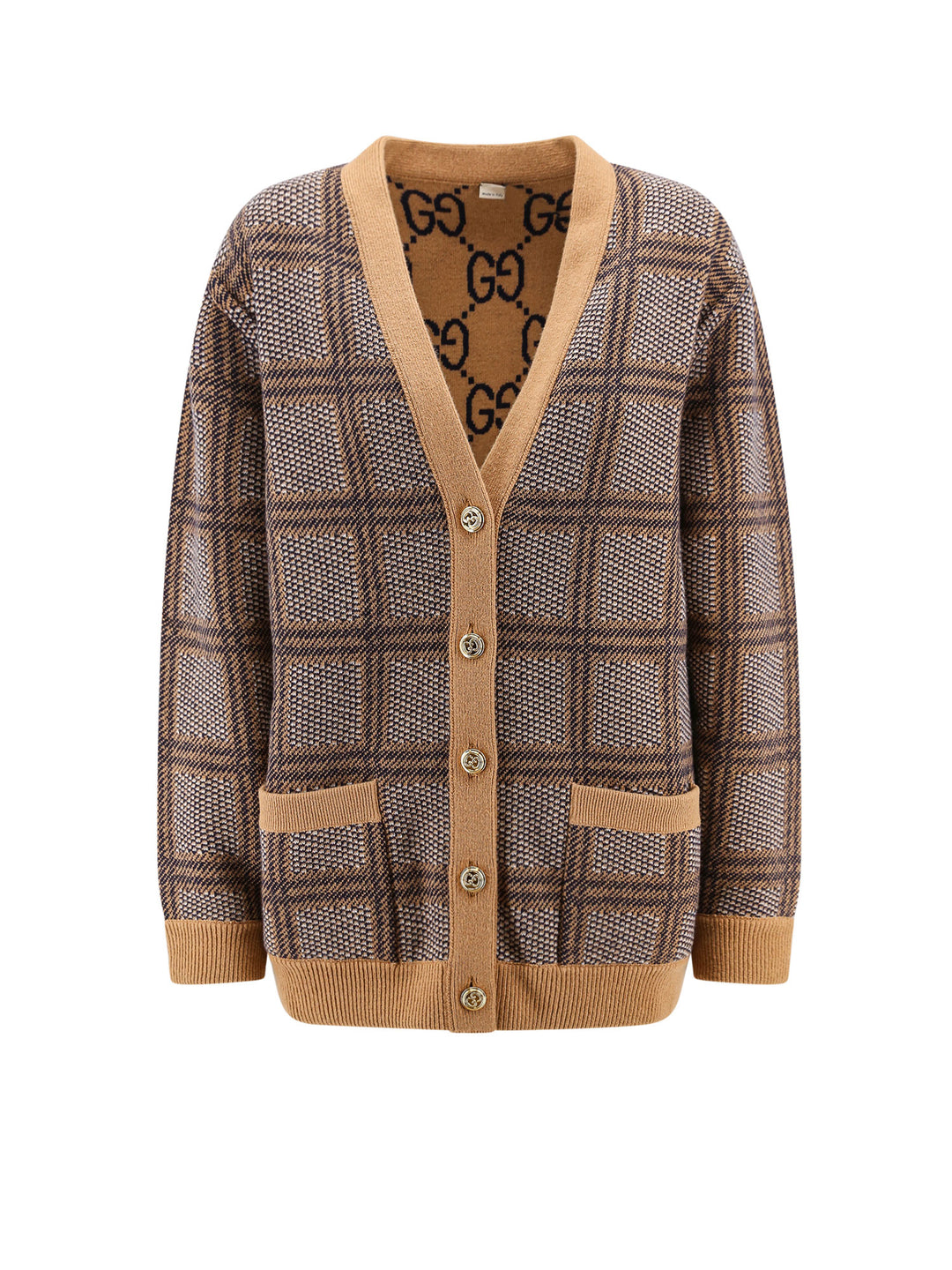 Wool cardigan with madras motif