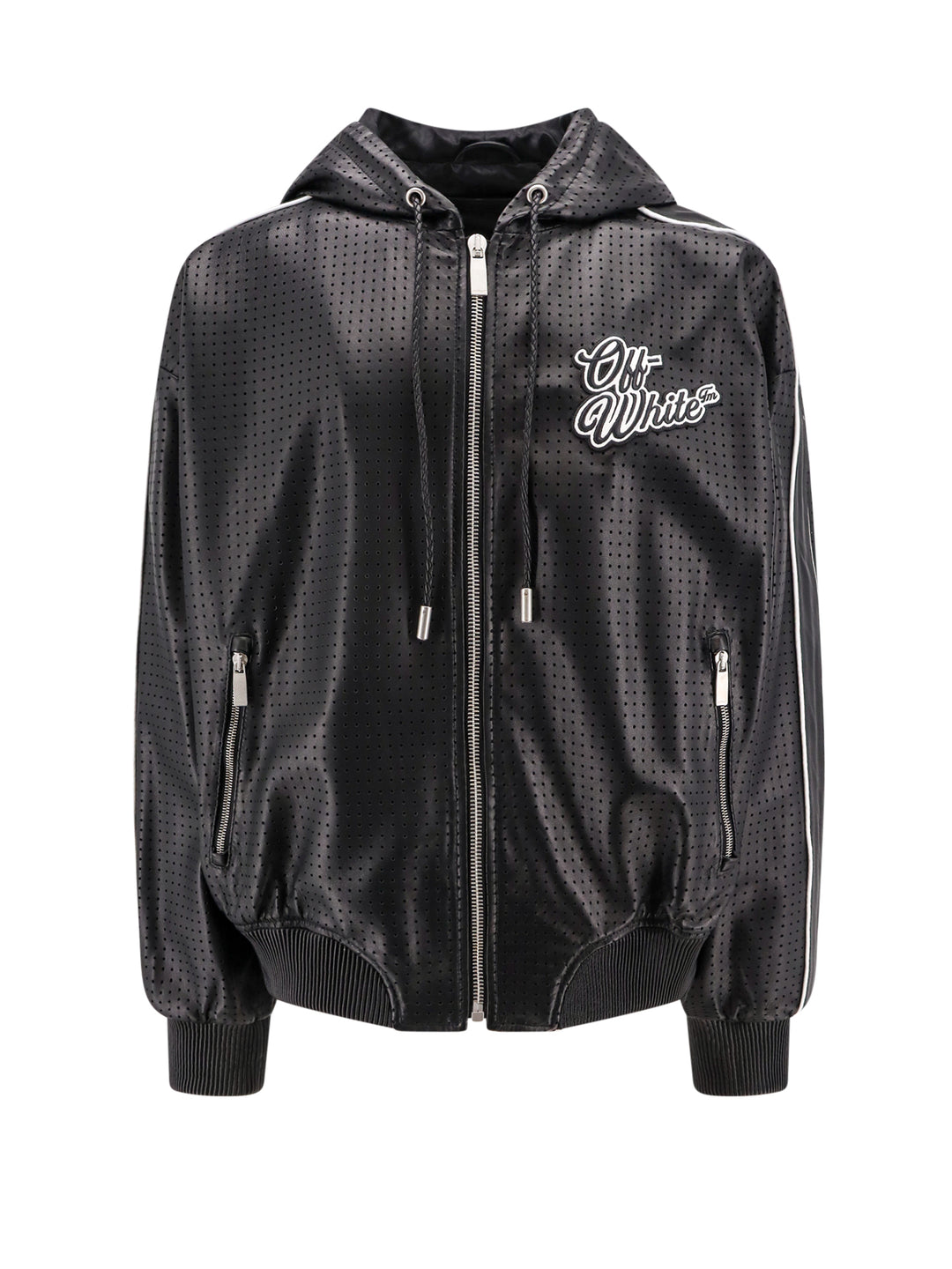 Perforated leather jacket with frontal logo patch