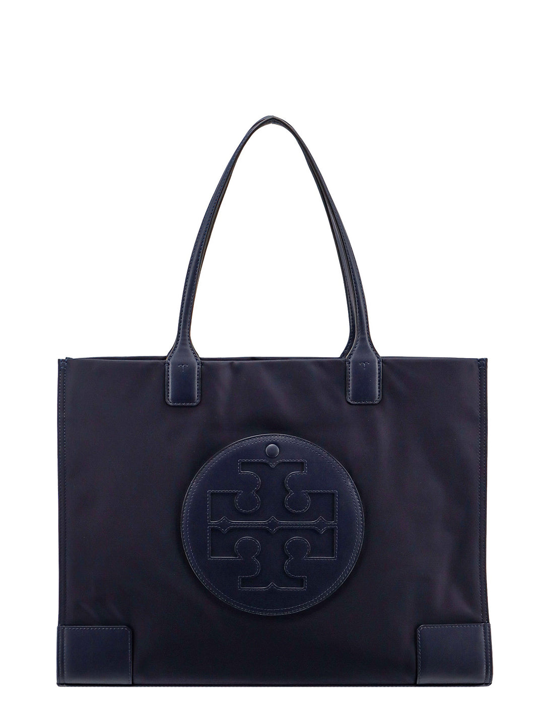 Nylon shoulder bag with frontal leather logo