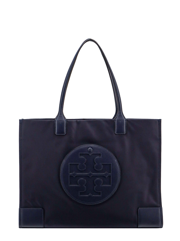 Nylon shoulder bag with frontal leather logo