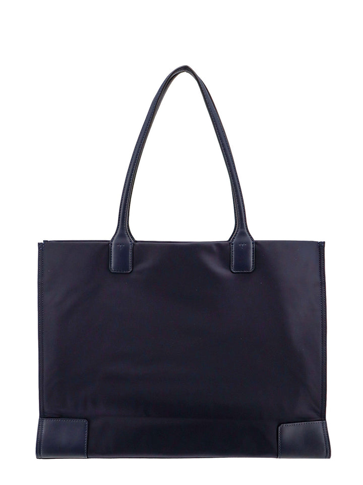 Nylon shoulder bag with frontal leather logo