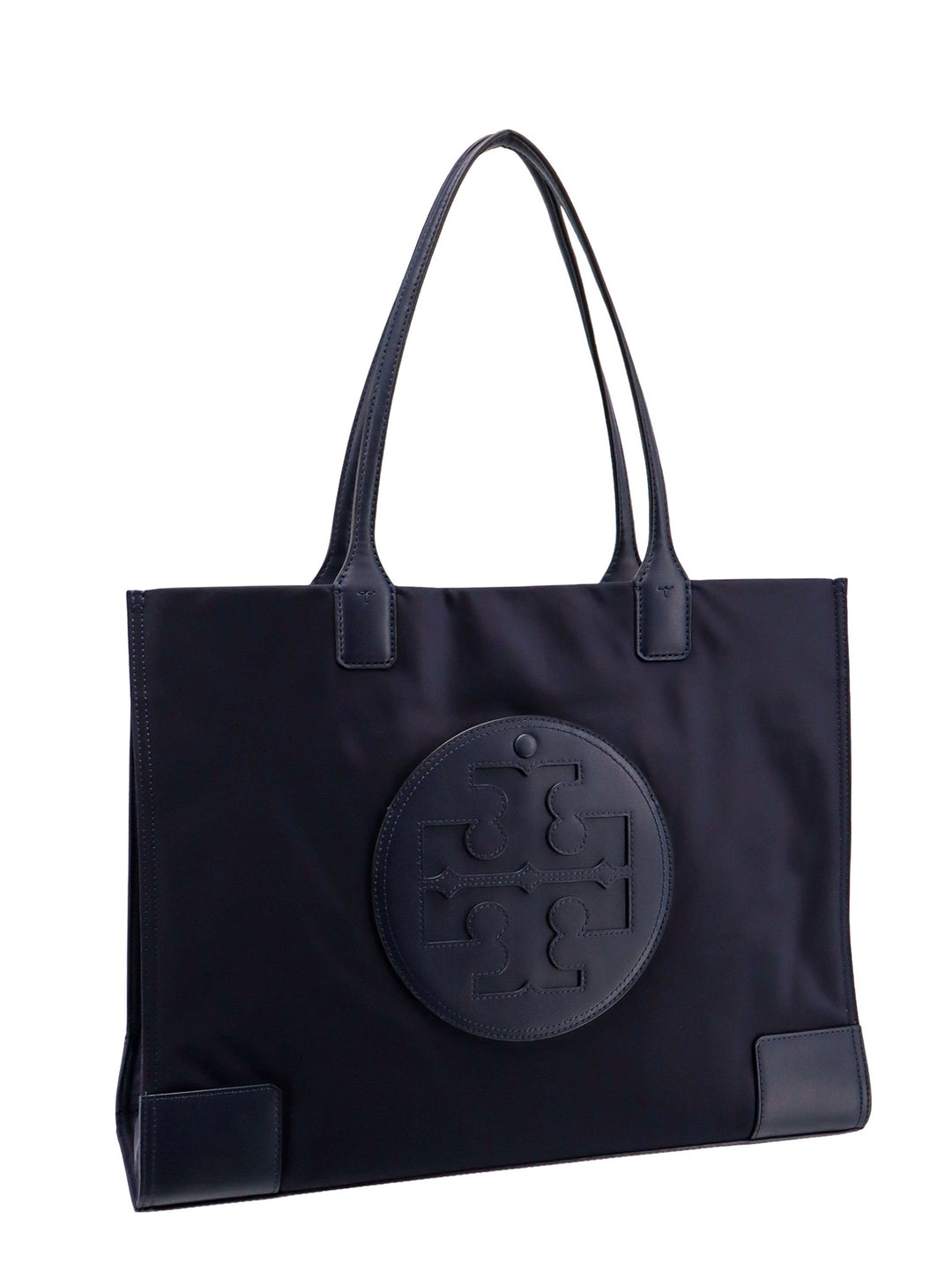 Nylon shoulder bag with frontal leather logo