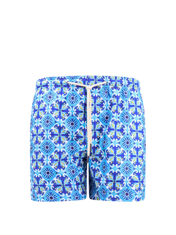 Recycled nylon swim trunk with all-over print