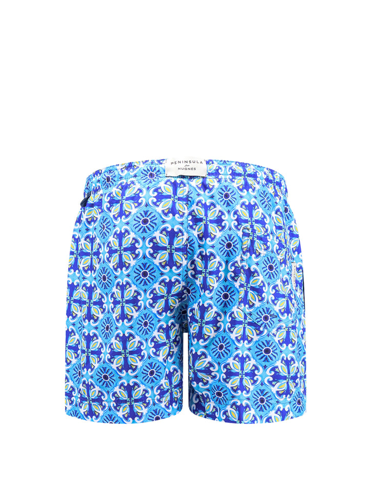 Recycled nylon swim trunk with all-over print