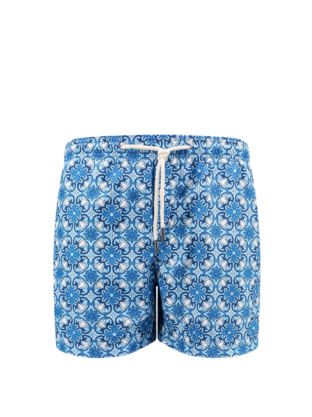 Recycled nylon swim shorts with majolica print