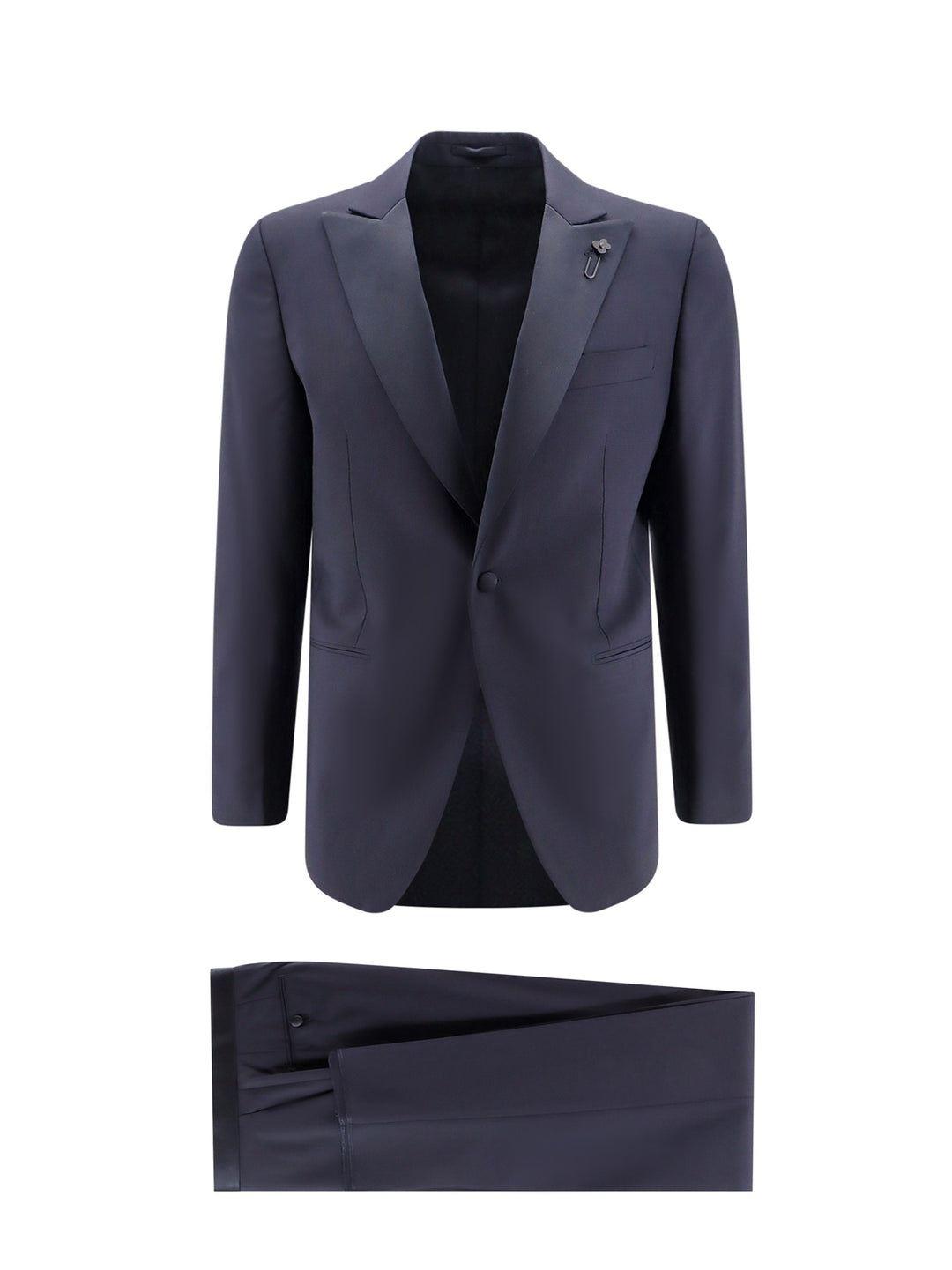 Stretch wool suit with satin profiles