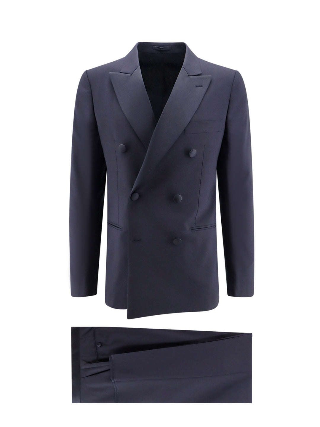 Stretch wool suit with satin profiles