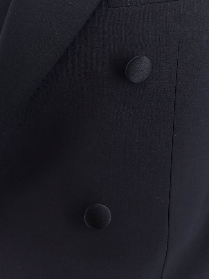 Stretch wool suit with satin profiles