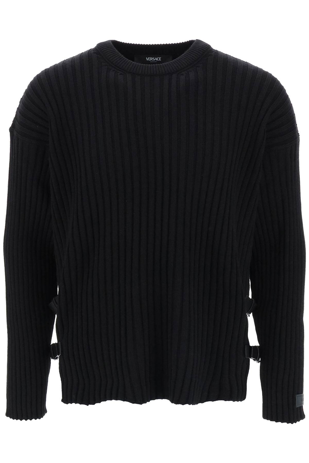 Ribbed Knit Sweater With Leather Straps - Versace - Men