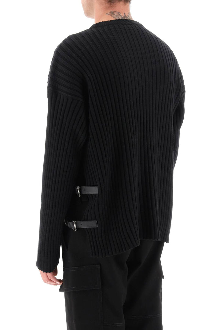 Ribbed Knit Sweater With Leather Straps - Versace - Men