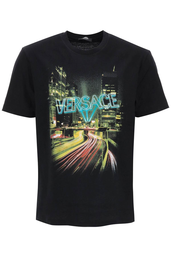 Crew Neck T Shirt With City Lights Print - Versace - Men