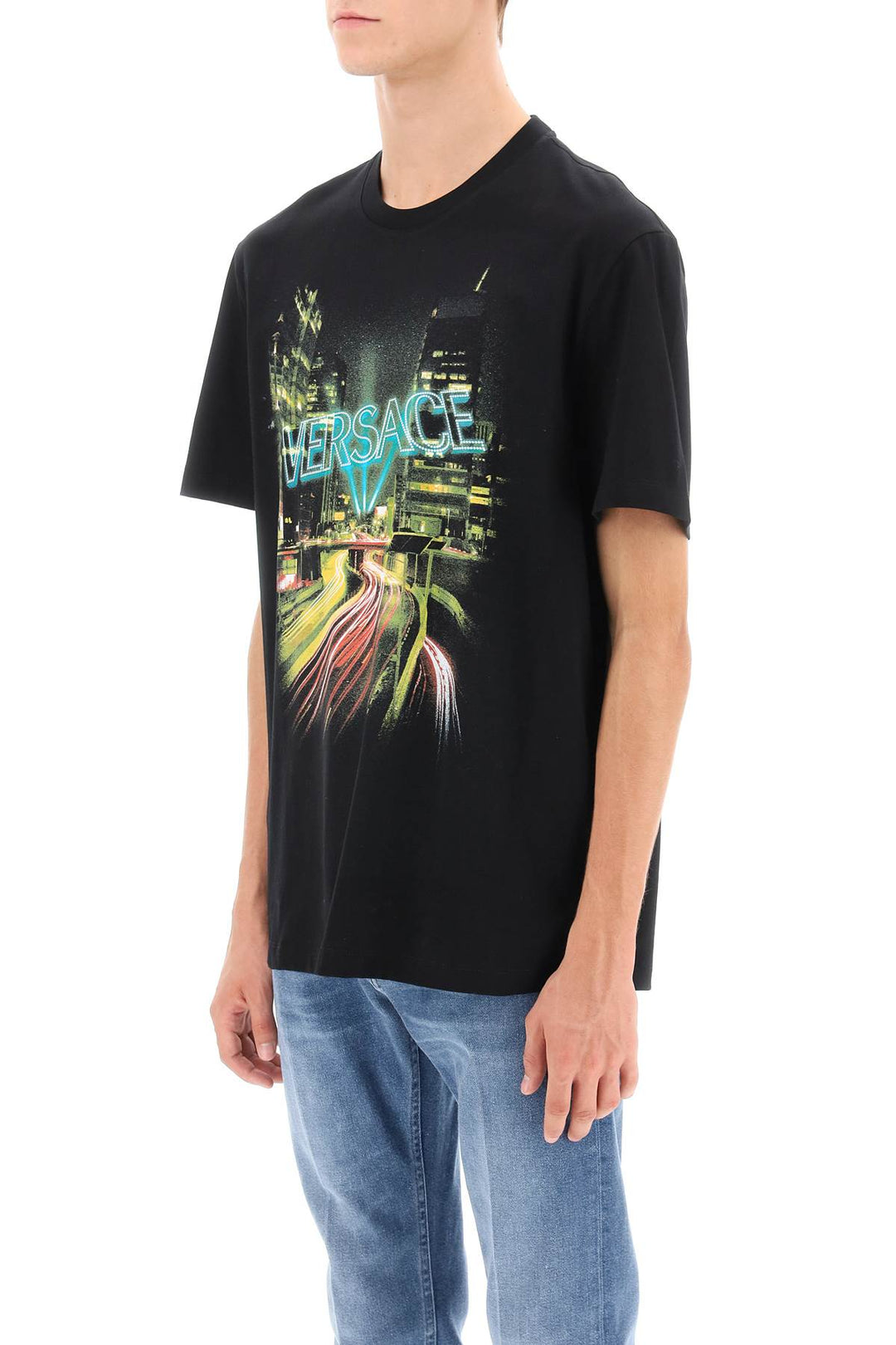 Crew Neck T Shirt With City Lights Print - Versace - Men