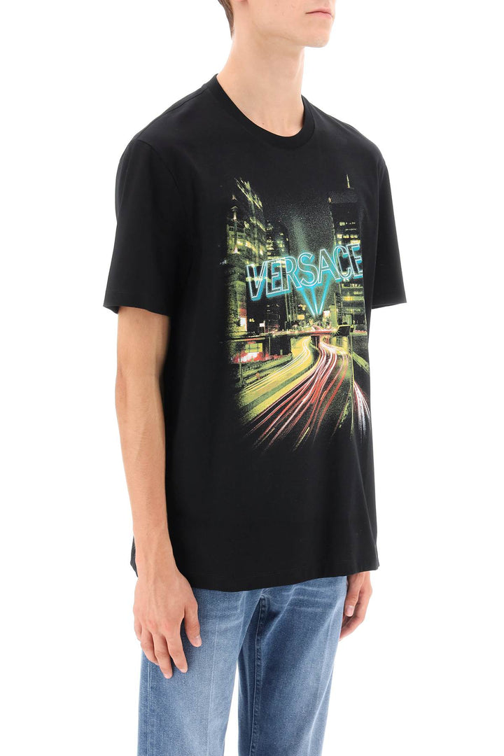 Crew Neck T Shirt With City Lights Print - Versace - Men