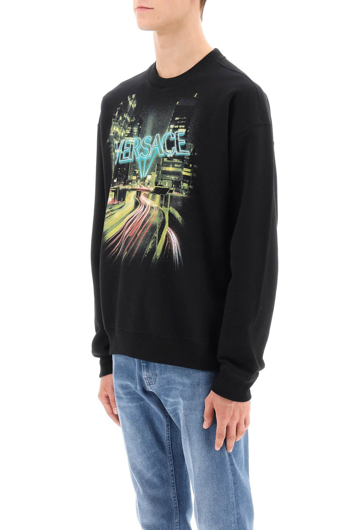 Crew Neck Sweatshirt With City Lights Print - Versace - Men