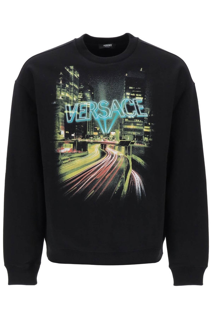 Crew Neck Sweatshirt With City Lights Print - Versace - Men