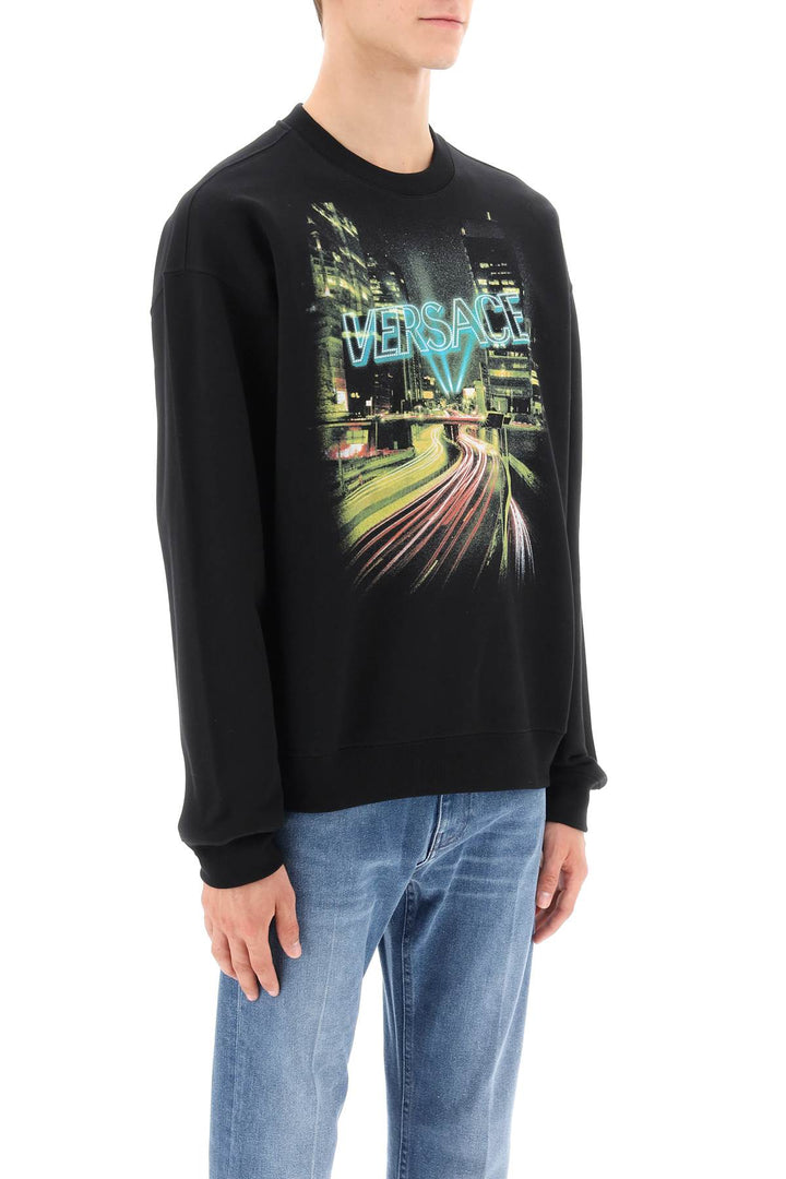 Crew Neck Sweatshirt With City Lights Print - Versace - Men