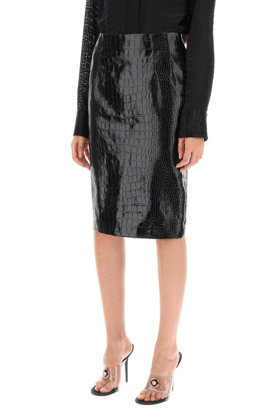 Croco Effect Leather Pencil Skirt - Versace - Women