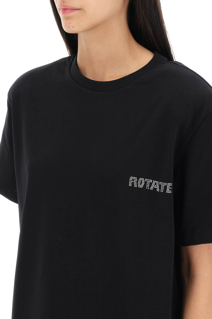 T Shirt With Padded Shoulders And Rhinestone Studded Logo - Rotate - Women