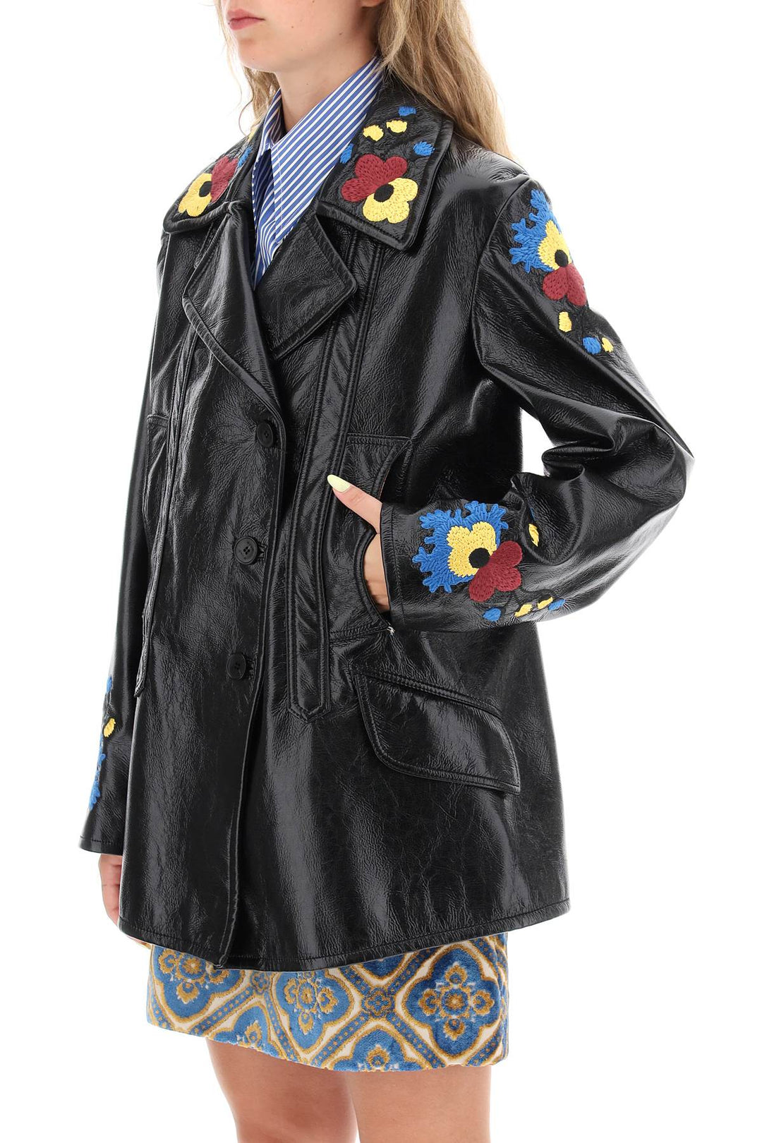 Jacket In Patent Faux Leather With Floral Embroideries - Etro - Women