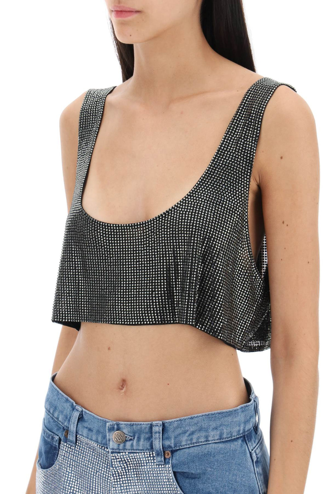 Cropped Tank Top In Rhinestone Studded Mesh - Giuseppe Di Morabito - Women