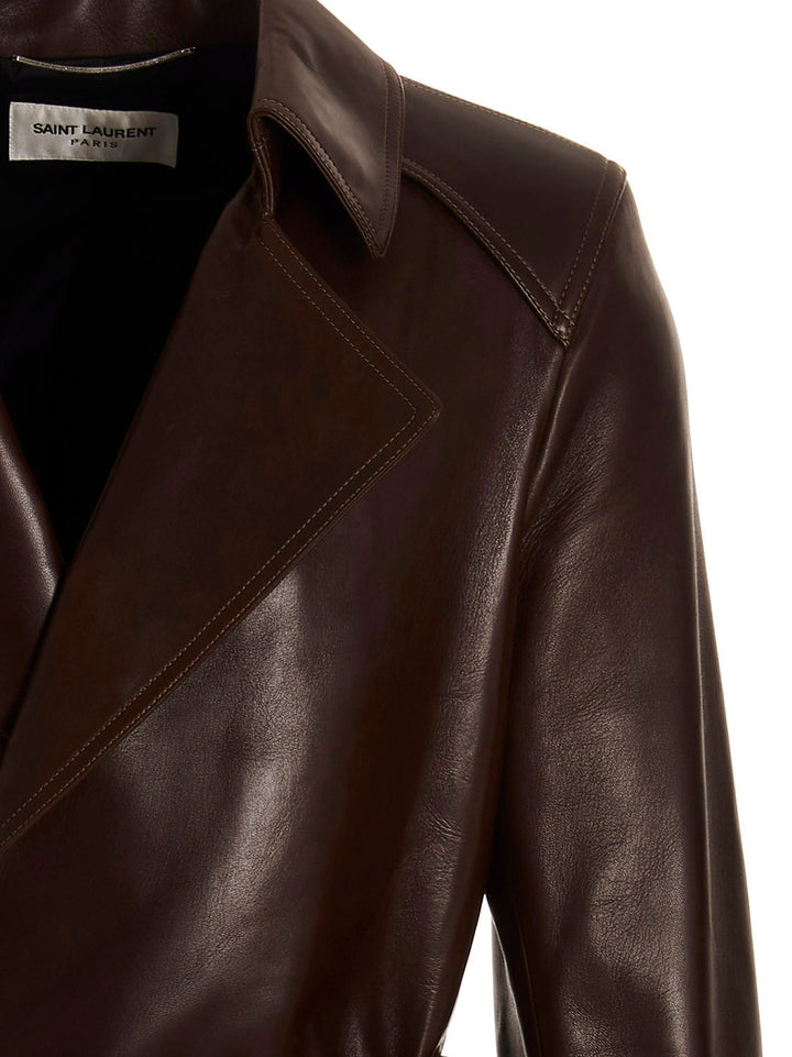 Double-Breasted Leather Trench Coat Coats, Trench Coats Brown