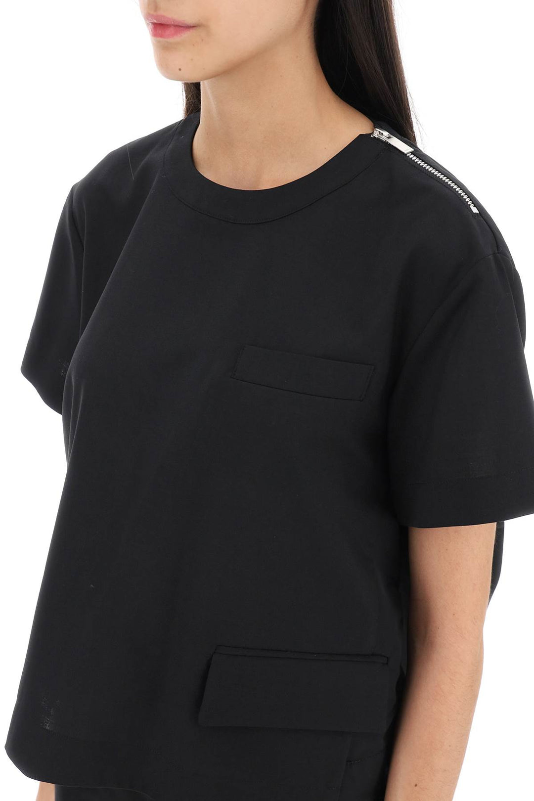 Cropped T Shirt With Taffeta Insert - Sacai - Women