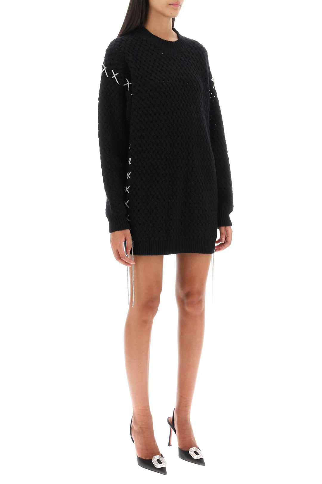 Knitted Mini Dress With Rhinestone Studded Tubular - Giuseppe Di Morabito - Women