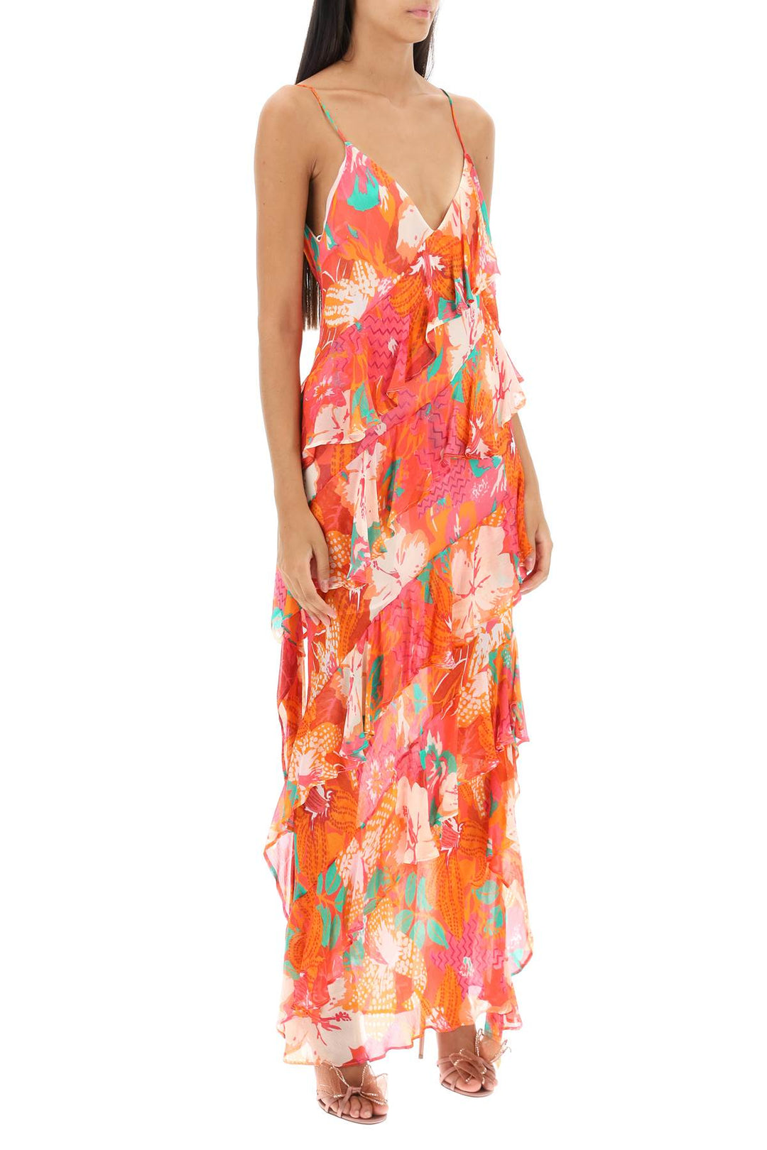 Maxi Frilled Dress With Tropical Motif - MSGM - Women