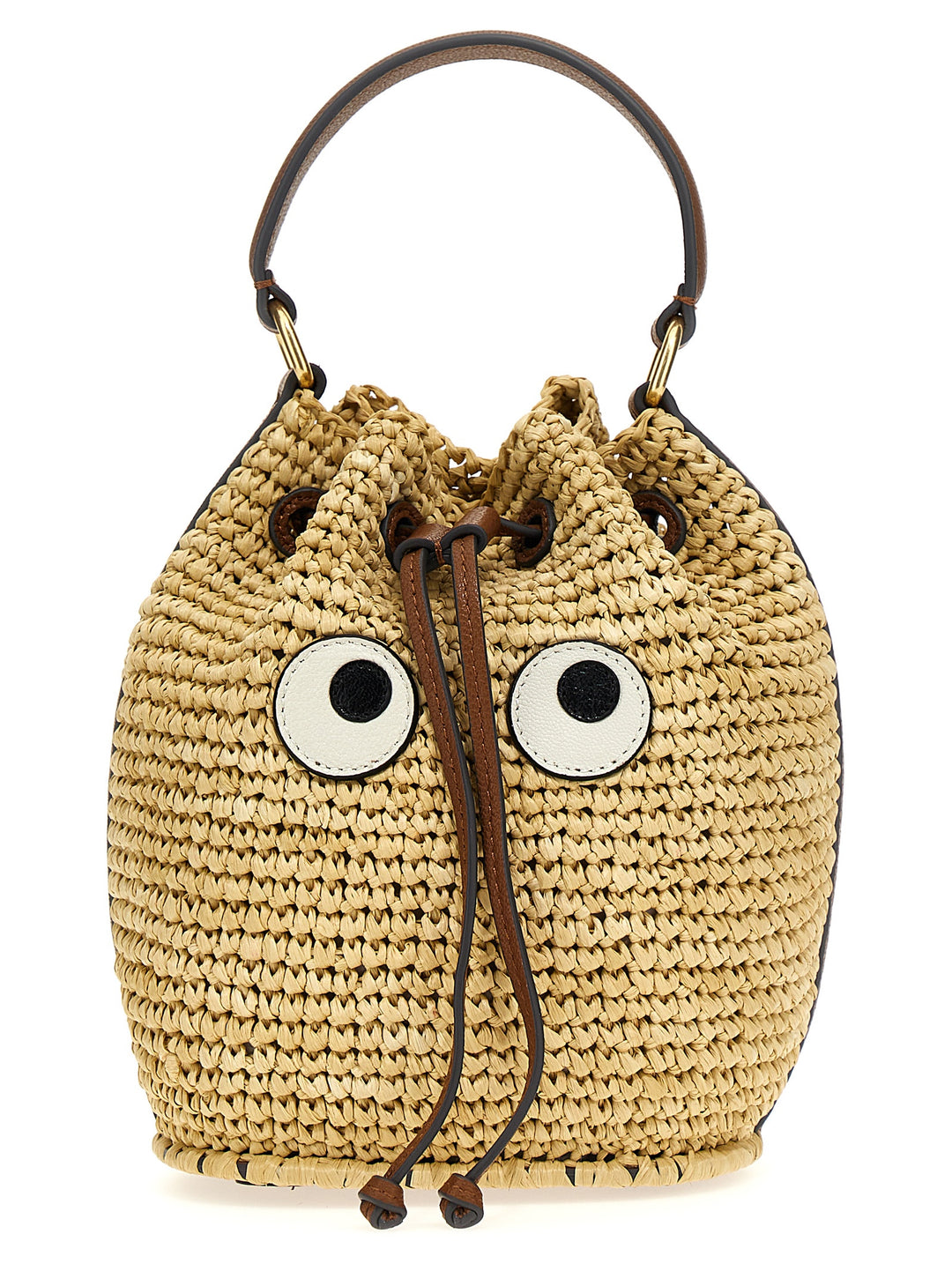 Raffia Eyes Drawstring Crossbody Bags Beige