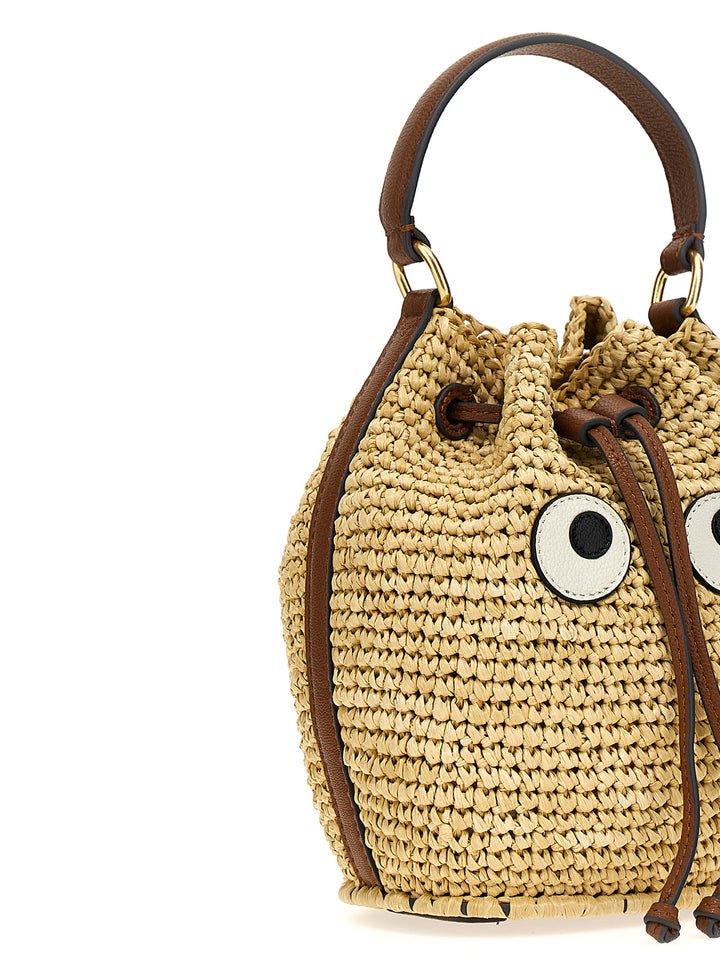 Raffia Eyes Drawstring Crossbody Bags Beige