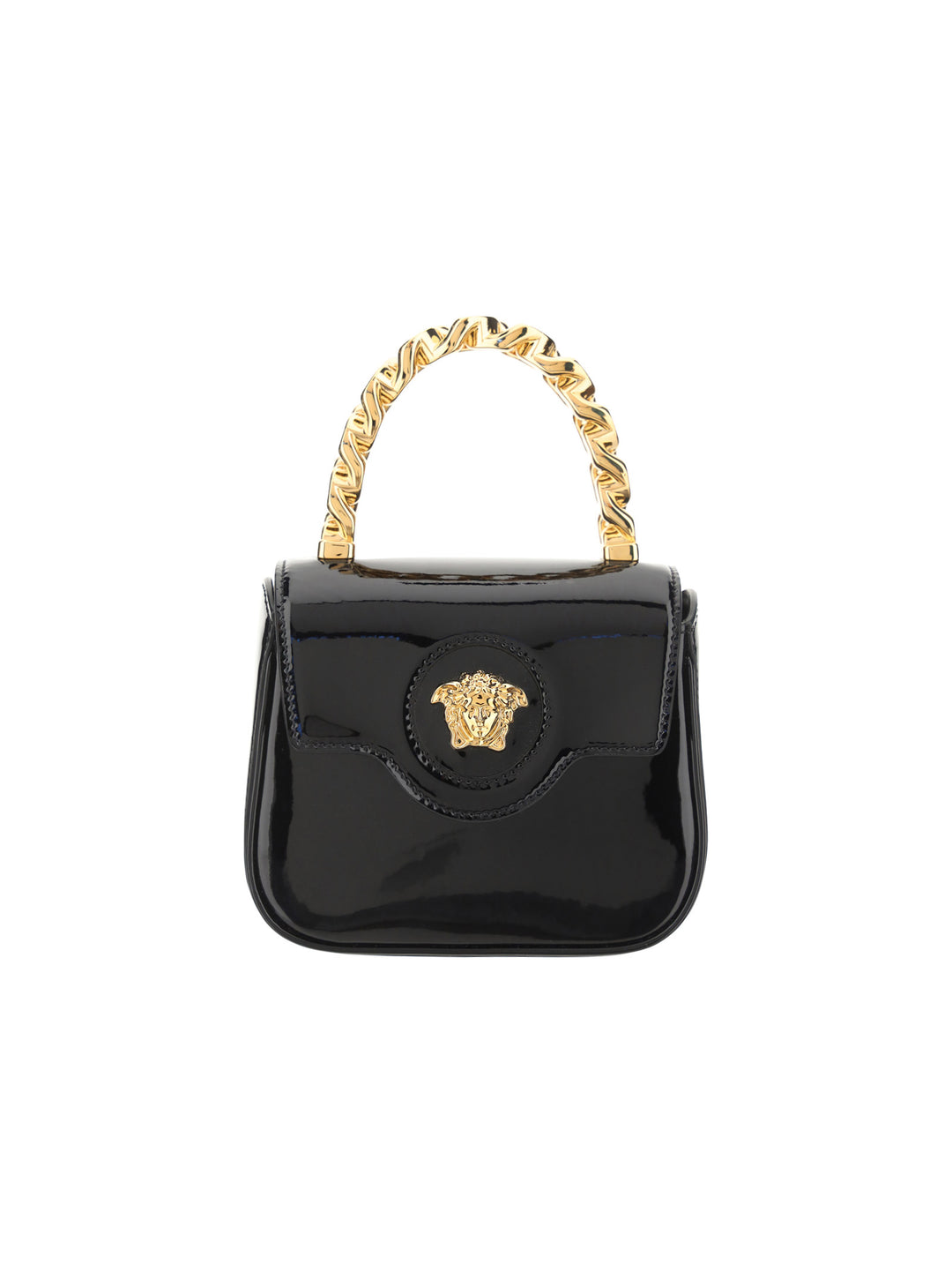 Patent leather handbag with Medusa button