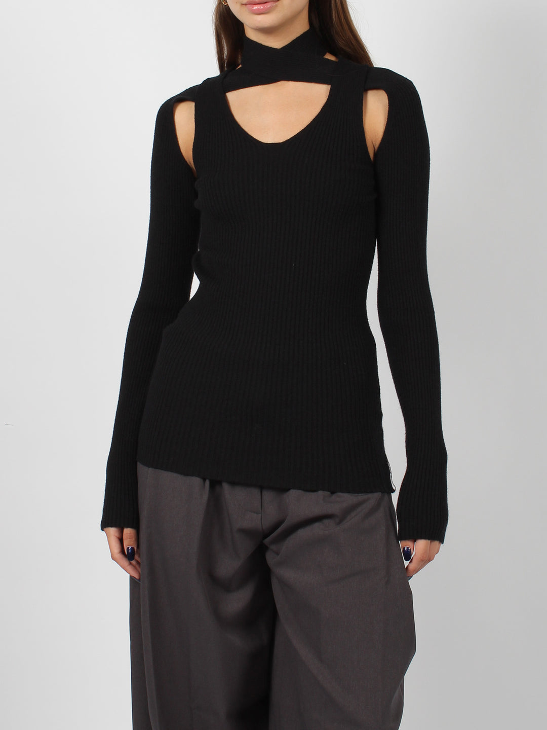 Twisted neck rib sweater