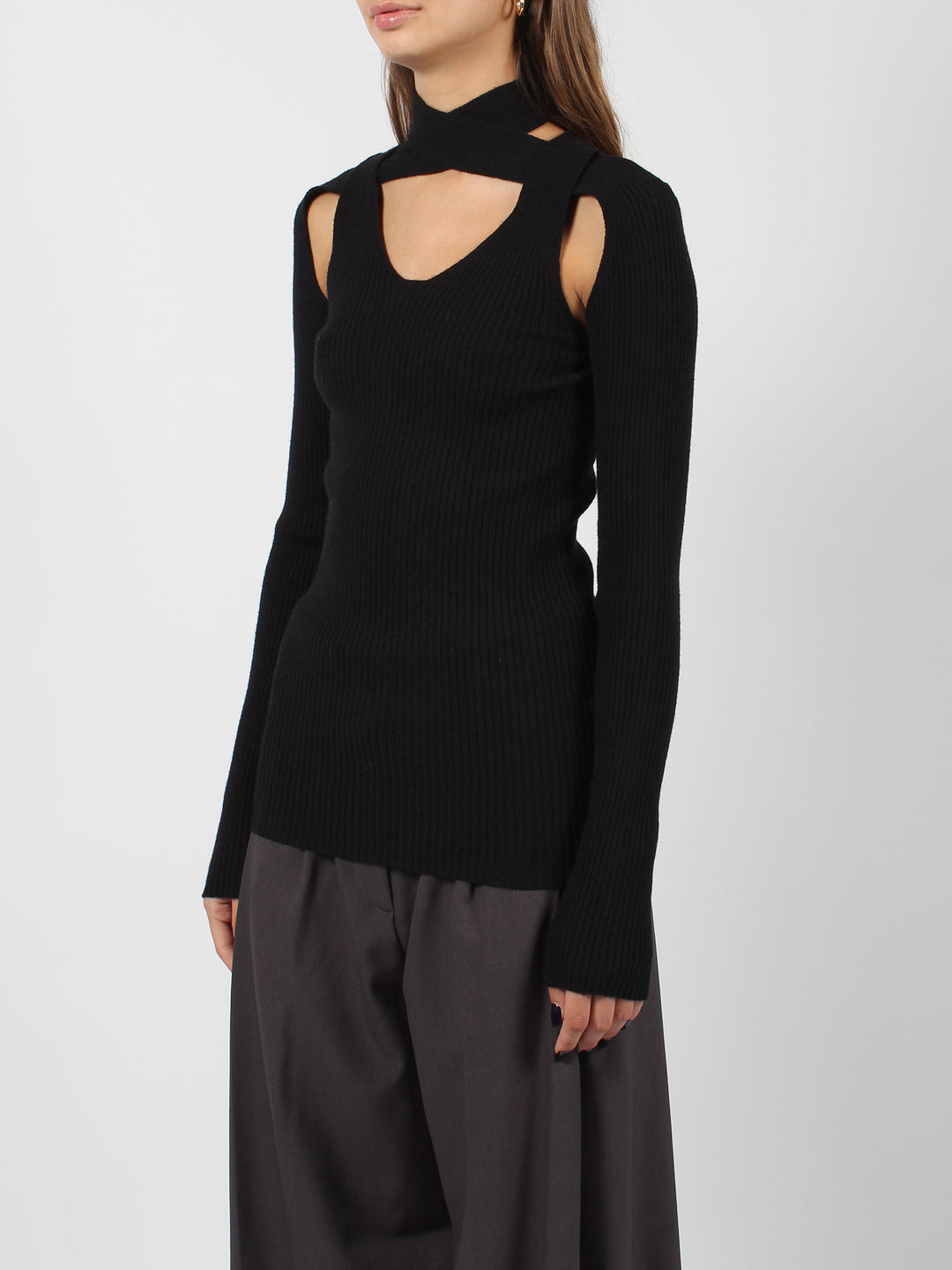 Twisted neck rib sweater