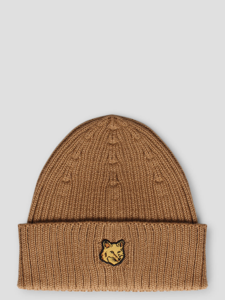 Bold fox head patch ribbed beanie