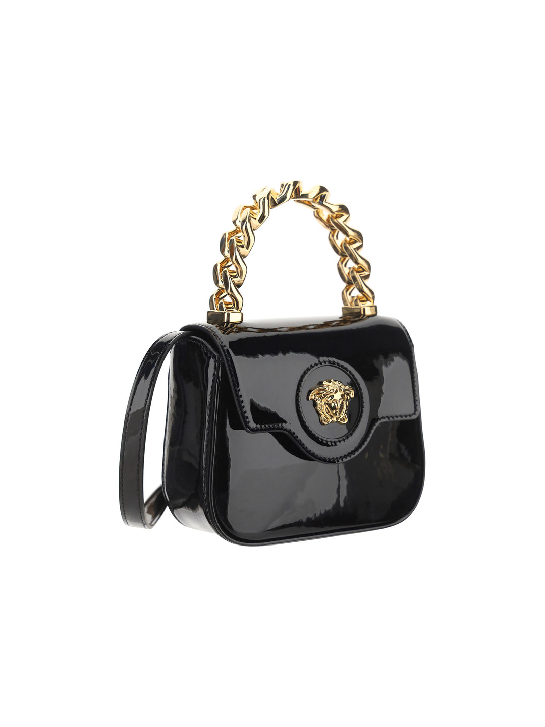 Patent leather handbag with Medusa button